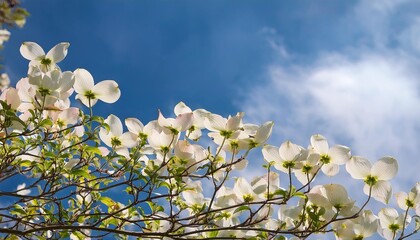 Sticker - a blooming dogwood with nice focus on flowers on soft light blue sky and clouds in the background the spring is here