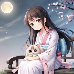 Wall Mural - anime girl with cat