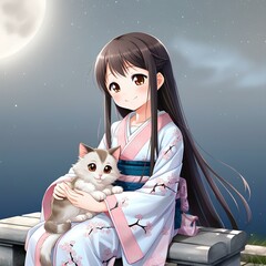 Wall Mural - anime girl with cat