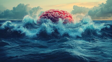 Wall Mural - mental health concepts. calm ocean waves, brain outline, flat design illustration, no logo, no trade