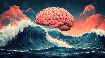 Wall Mural - mental health concepts. calm ocean waves, brain outline, flat design illustration, no logo, no trade