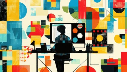 A man is sitting in front of desk computer surrounded by various abstract shapes and patterns that represent different creative forms such as painting, writing, or design work.