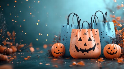 Wall Mural - Halloween Background in minimal concept. Trick-or-treat bags, pastel teal background, flat design illustration, No logo, No Trademark, No text, minimal concept with copy space for stock photo