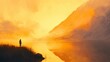 © 69 Timeless  Studio  - A lone traveler stands by a still lake, watching the golden sunrise paint the sky with soft, pastel tones.