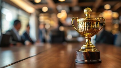 A golden trophy was placed on a table in front of an office. The trophy sits on the conference room table as the team celebrates in the background.