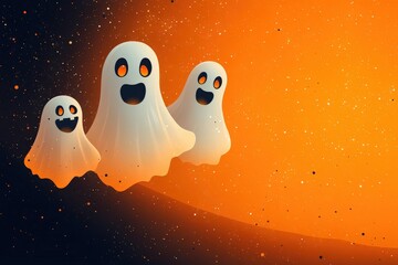 Wall Mural - halloween background in minimal concept. friendly ghosts, pastel orange background, flat design illu
