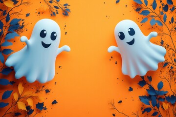 Wall Mural - halloween background in minimal concept. friendly ghosts, pastel orange background, flat design illu