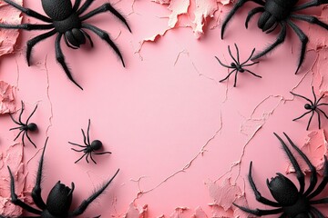 Wall Mural - Halloween Background in minimal concept. Spiders on webs, pastel pink background, flat design illustration, No logo, No Trademark, No text, minimal concept with copy space for stock photo