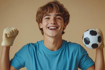 Wall Mural - Young Man in Blue T-Shirt Jumps High, Cheers with Soccer Ball and Foam Glove, Watches Live Footbal