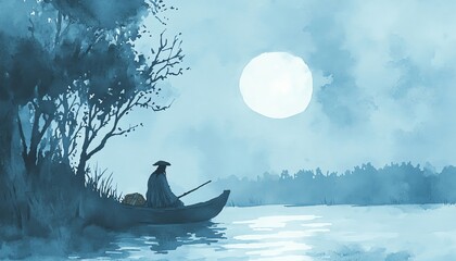 a serene blue landscape featuring a fisherman in a boat under a full moon, evoking peace and tranqui