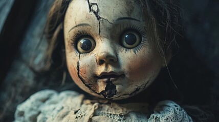 Wall Mural - Distressed doll with cracked face and intense gaze