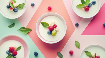 Four bowls of white panna cotta topped with fresh berries, fruit, and mint leaves on a colorful background.