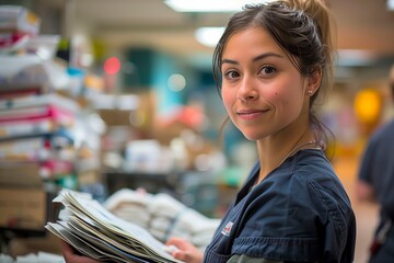 Young healthcare worker organizes patient files in a busy clinic. copy space for text, medical advertising, medic blog banner