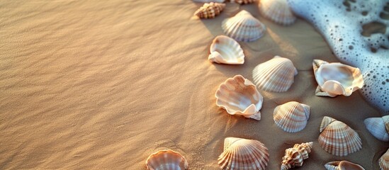 Aufkleber - Top down view of seashells on sandy beach with copy space for your own image