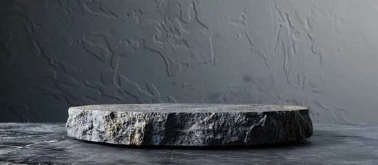 Aufkleber - Natural material rock pedestal stage with a simple product placement on a black and gray round stone podium above a gray background perfect for a copy space image