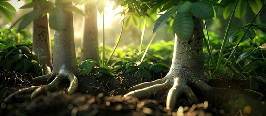 Wall Mural - Afternoon close up of cassava plant shoots in the garden with copy space image