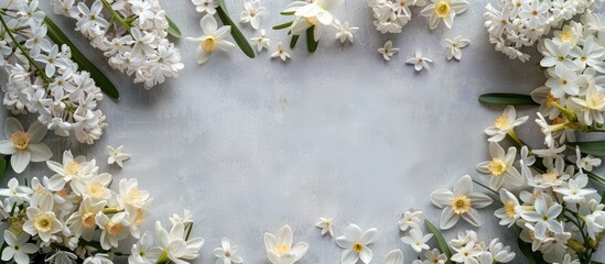 Poster - A floral frame with white lilac and daffodils arranged on a gray surface featuring an empty area in the center for text perfect for a flat lay image with space for copy