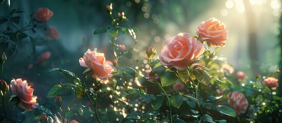Aufkleber - Summer garden with delicate pink roses blooming showcasing a charming and fragile display with copy space image available