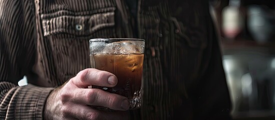 Wall Mural - Close up of a man holding a glass of iced black coffee with a copy space image