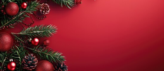 Fototapete - A festive holiday themed red background adorned with Christmas elements like fir branches and decorative balls ideal for a New Year greeting card or gift presentation with copy space image