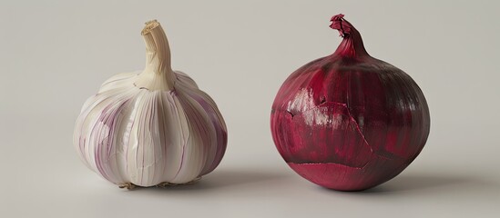 Aufkleber - Isolated on a white backdrop garlic Allium Sativum and red onion Allium cepa L are present in the image with copy space