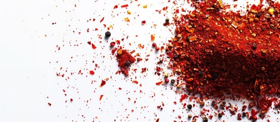 Sticker - A textured organic Kashmiri red chili pepper powder with flakes set against a white background with ample copy space image