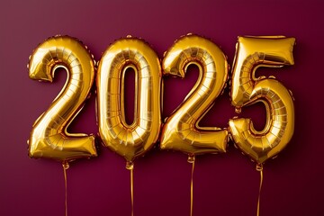 Gold foil balloons shaped like the numbers 2025 isolated on background