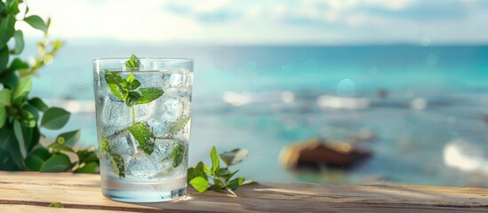 Aufkleber - A glass of cool mineral water with mint on a wooden table offering copy space for food and drinks Summer beach scene serves as the backdrop