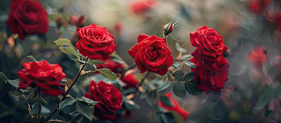 Wall Mural - Close up of red roses on a bush in the garden creating a stunning copy space image representing nature s beauty with delicate flowers symbolizing love