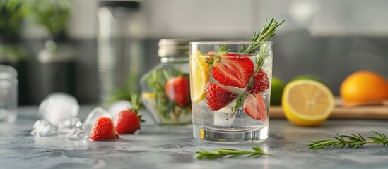 Aufkleber - Glass of fresh fruit infused water with strawberries rosemary and citrus fruits on a gray table with ample copy space image available