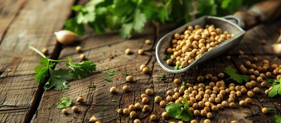 Poster - Close up photograph of a scoop filled with dried coriander seeds and green leaves on a wooden surface with ample copy space for an image