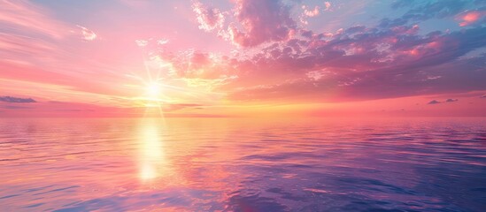 Poster - Tranquil sunset scene with sunbeam on a colorful romantic dusk sky creating a beautiful idyllic natural setting for a photo with copy space image
