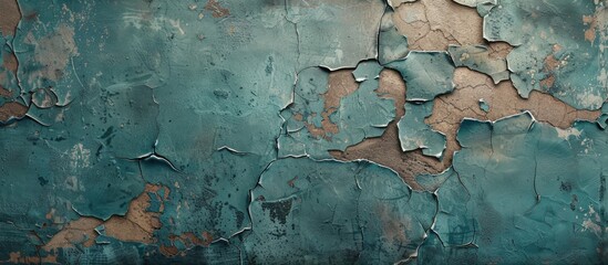 Leinwandbilder - The distressed teal wall paint had a textured mosaic of cracked surfaces blending faded teal with exposed plaster giving it a rustic charm perfect for a copy space image
