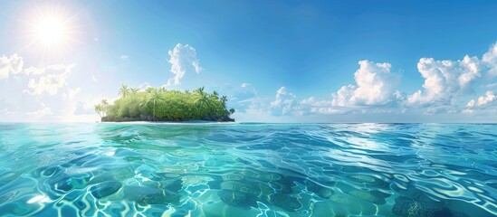Poster - A serene scene featuring crystal clear turquoise water set against a backdrop of a brilliant blue sky with a lush green island ideal for a copy space image