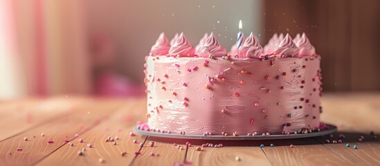 Aufkleber - A pink birthday cake is displayed on the table with copy space image