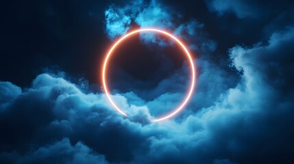 An abstract cloud illuminated with a neon light ring on a dark background, creating a surreal effect. A glowing geometric circle frame in the sky is surrounded by smoke and clouds.