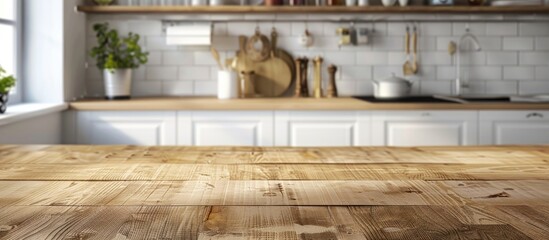 Fototapete - Table top made of wood offering a blank area for showcasing products against a blurred and well lit kitchen background ideal for a copy space image