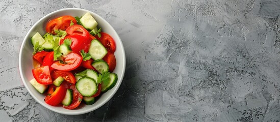 Poster - Fresh vegetable salad in a bowl with tomato and cucumber on a grey background ideal for copy space image