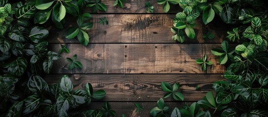 Leinwandbilder - Wooden floors are surrounded by green leaves providing a natural background for the copy space image
