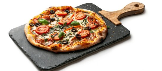 Fototapete - Slate stone pizza cutting board on a white background with copy space image