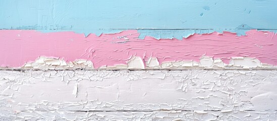 Leinwandbilder - A textured wooden surface with peeling white paint stands over a pink strip and a light blue wall in the background perfect for copy space image