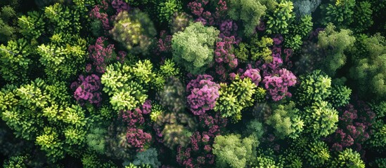 Poster - Bird s eye view of vibrant heather in a garden with copy space image