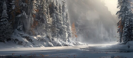 Aufkleber - Scenic winter landscape with fog covered snowy forest cold mountains river and dry leaf on snow with long shadows a breathtaking copy space image