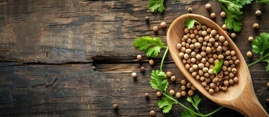 Aufkleber - Close up view of a wooden spoon with dried coriander seeds and green leaves providing space for text in the image. Creative banner. Copyspace image