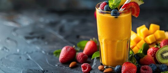 Poster - Glass with a fruit nut smoothie on stone background ideal for text placement copy space image