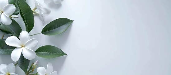 Poster - Copy space image of a white plumeria plant on a white background with blossoming flowers leaves and branches