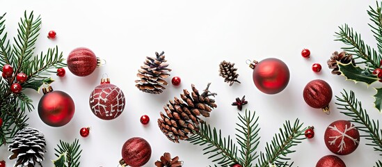 Fototapete - Top view of Christmas decorations on white background with space for text ideal for a copy space image