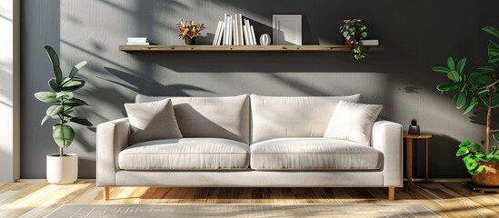 Poster - Cozy living room with a comfortable sofa and a stylish shelving unit ideal for displaying decorations with copy space image