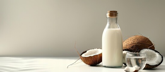 Aufkleber - A bottle and a glass with coconut milk placed on a white background with space for text or images. Creative banner. Copyspace image
