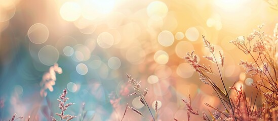 Wall Mural - Meadow wild grass creates bokeh blur background in a copy space image